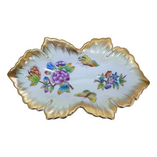 VTG Herend Hungary Queen Victoria Porcelain Double Leaf Trinket Dish Tray Vbo For Sale