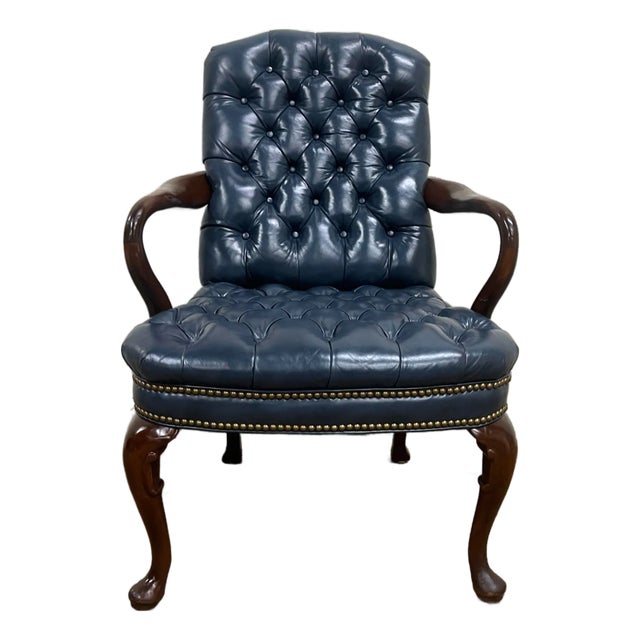 Vintage Queen Anne Chesterfield Mahogany Leather Tufted Office Desk Armchair For Sale