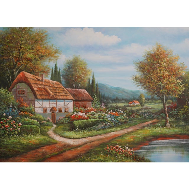 1970s B. Trapp Vintage Meadow & Cottage Framed Oil Painting on Canvas For Sale - Image 5 of 12