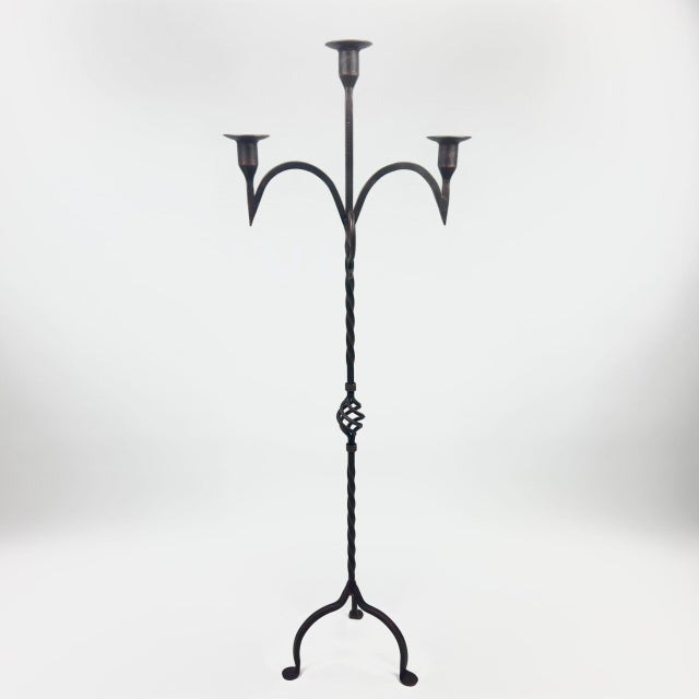 Metal Hand Forged Iron Floor Candelabra 49″ (124cm) Antique Copper Patina 3-Arm Wide Base Stable Candle Holder Rustic Decor For Sale - Image 7 of 8