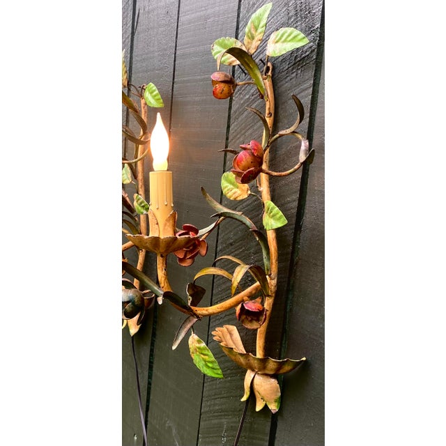 Vintage Italian Hand Painted Hand Crafted Tole Wall Sconces - a Pair For Sale - Image 13 of 18