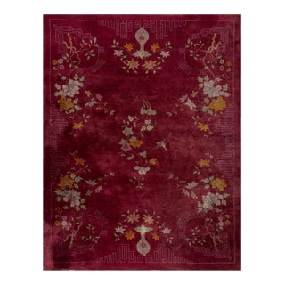Adorable Red-Maroon Background Asymmetric Detail Floral Desing Antique Chinese Art Deco Rug For Sale