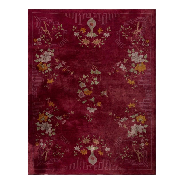 Adorable Red-Maroon Background Asymmetric Detail Floral Desing Antique Chinese Art Deco Rug For Sale