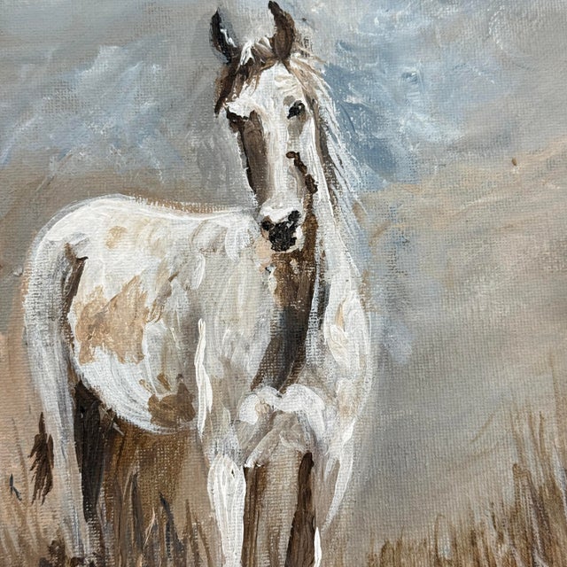Original equestrian horse oil painting in an expressive, painterly style, featuring a beautifully rendered white horse...