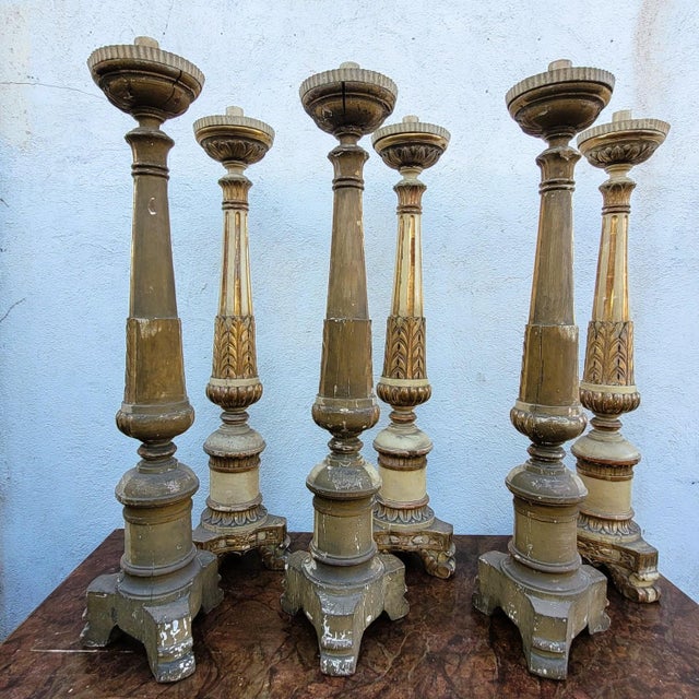 Large Lacquered and Gilded Wooden Candlesticks, Early 19th Century, Set of 6 For Sale - Image 11 of 17