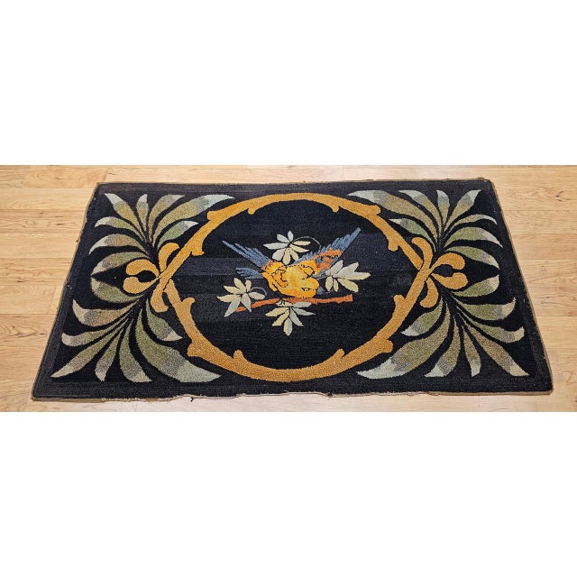 Black Vintage American Hand Hooked Rug, Bird on a Tree Branch Design, Folk Art Tapestry, 3x5 For Sale - Image 8 of 15