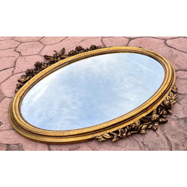 1940s Oval 1940s Wall Mirror With Gold Frame And Floral Decoration In Louis XVI Style For Sale - Image 5 of 8