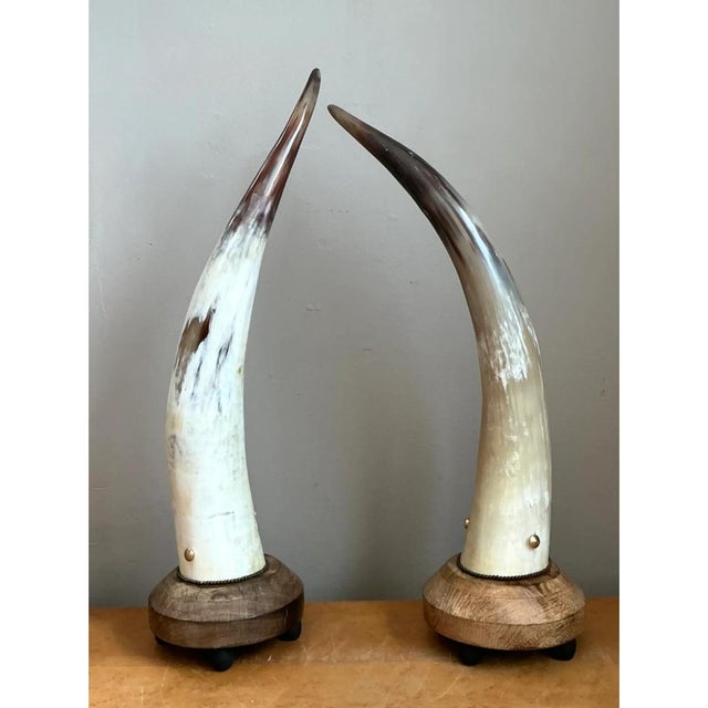 Contemporary Vintage Horn and Wood Accent Lamps - Pair For Sale - Image 3 of 12