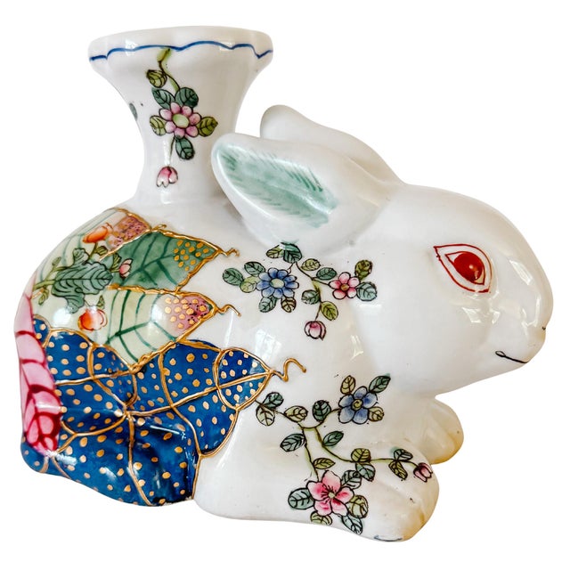 Late 20th Century Vintage Hand-Painted Chinoiserie Tobacco Leaf Porcelain Rabbit Candlestick For Sale - Image 5 of 10