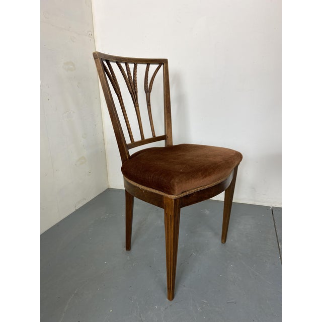 Set of Vintage Regency Oak and Velvet Ear of Wheat Dining Chairs For Sale - Image 4 of 10