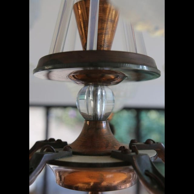 Metal French Art Deco Chandelier in Opalescent Glass and Copper by Ezan-Petitot, 1930s For Sale - Image 7 of 18