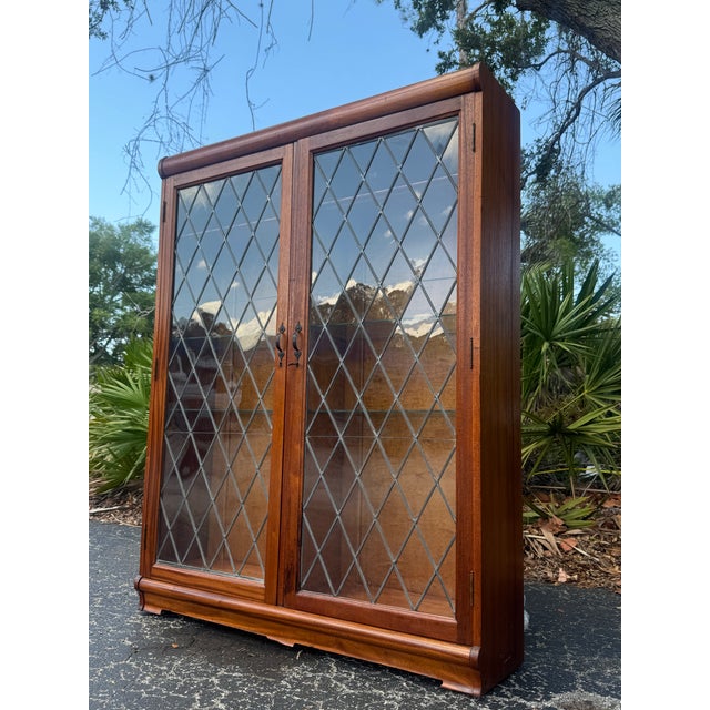 Brown Vintage Illuminated Diamond Pane Curio Cabinet / Glass Display Bookcase For Sale - Image 8 of 8
