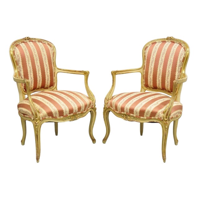 Antique French Louis XV Style Gold Giltwood Pink Stripe Fauteuil Arm Chair, Pair For Sale