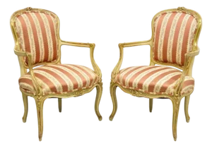 Antique French Louis XV Style Gold Giltwood Pink Stripe Fauteuil Arm Chair, Pair