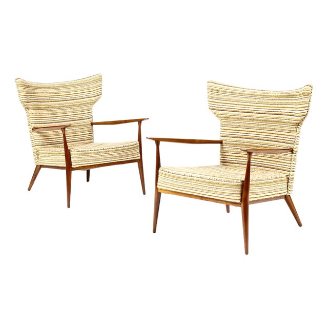 1960s Mid Century Wingback Lounge Chairs Attributed to Paul McCobb for Directional — Walnut Frames — Reupholstery Included For Sale