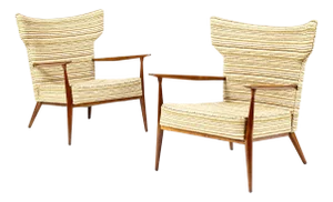 1960s Mid Century Wingback Lounge Chairs Attributed to Paul McCobb for Directional — Walnut Frames — Reupholstery Included