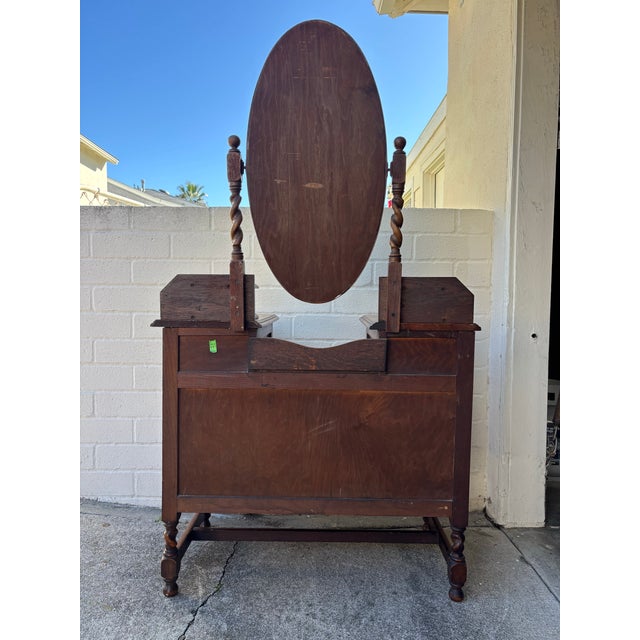 Late 19th Century Antique 1900s Tiger Oak Vanity / Dresser With a Swivel Mirror, Featuring Barley Twist Columns and Legs For Sale - Image 5 of 12