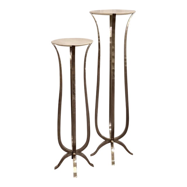Global Views Chorda Pedestal Pair – Nickel & White Marble (Large + Medium) For Sale