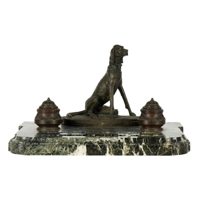 Metal Antique Auguste Nicholas Cain Bronze & Marble Dog Sculpture Inkwell For Sale - Image 7 of 7