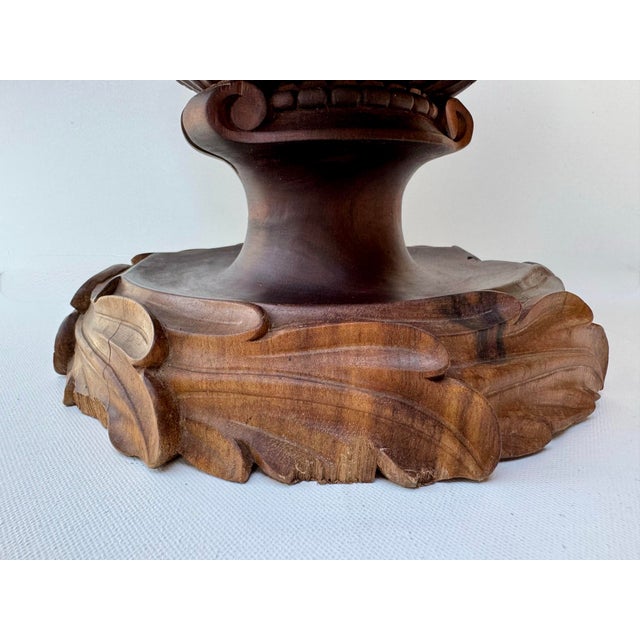Large Single Block Hand-Carved Ornate Walnut Urn For Sale - Image 9 of 12