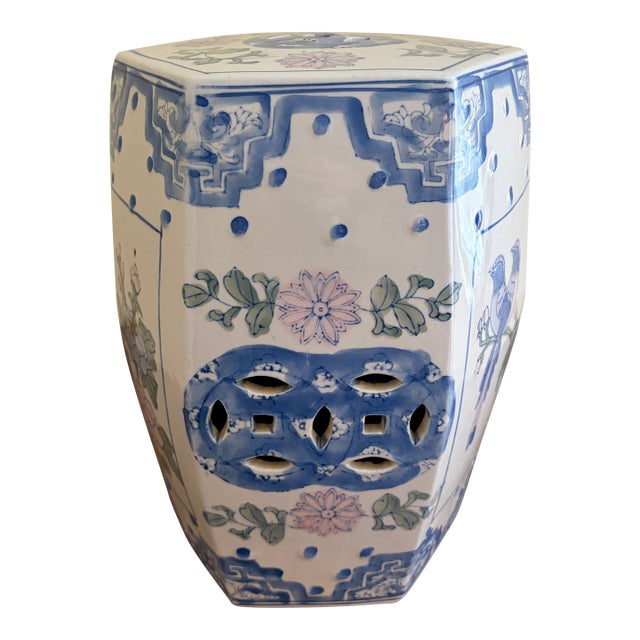 Vintage Hexagonal Chinoiserie Porcelain Garden Stool or Side Table For Sale