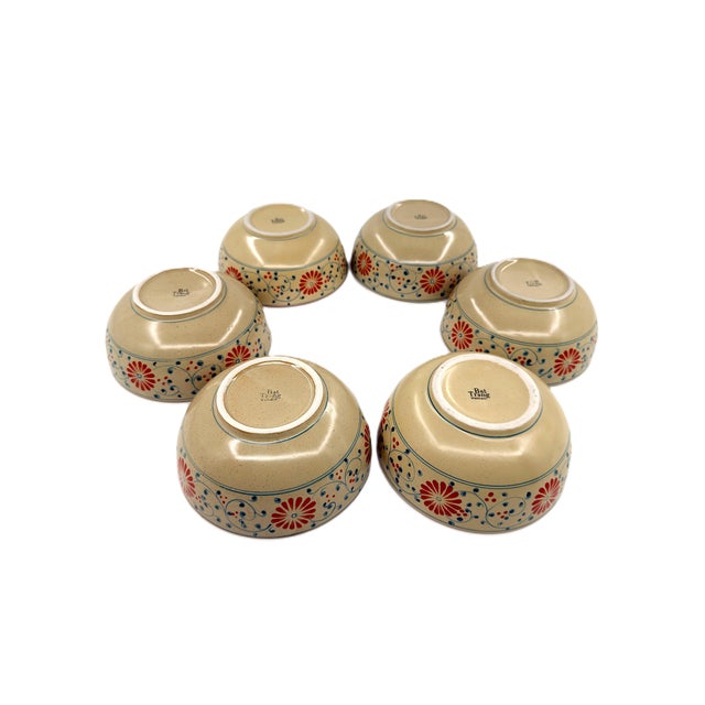 Asian Modern Bat Trang Vietnamese Ceramic Soup Bowls With Hand Painted Red Blue Floral Motif - Set of 6 For Sale - Image 10 of 11