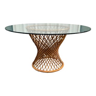 Sculptural Rattan Hourglass Dining Table- Glass Top For Sale