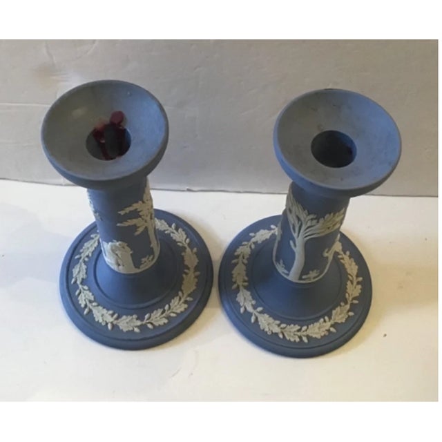 Mid-Century Modern Vintage MCM Wedgwood Jasperware Blue Etruscan Design 7" CANDLESTICKS~set of 2 For Sale - Image 3 of 4