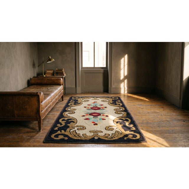 Sublime Tan Beige Color With Beautiful Flower Design Antique American Hooked Rug For Sale - Image 11 of 13