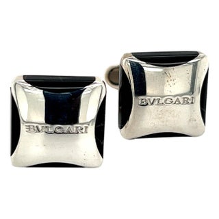 1990s Pair of Bulgary Estate Onyx Cufflinks Sterling Silver 19.24 Grams For Sale
