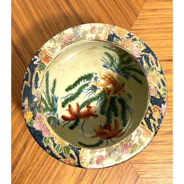 Vintage Satsuma Style Porcelain Fishbowl Planter Floral and Keisha Design With Koi Interior For Sale - Image 12 of 15