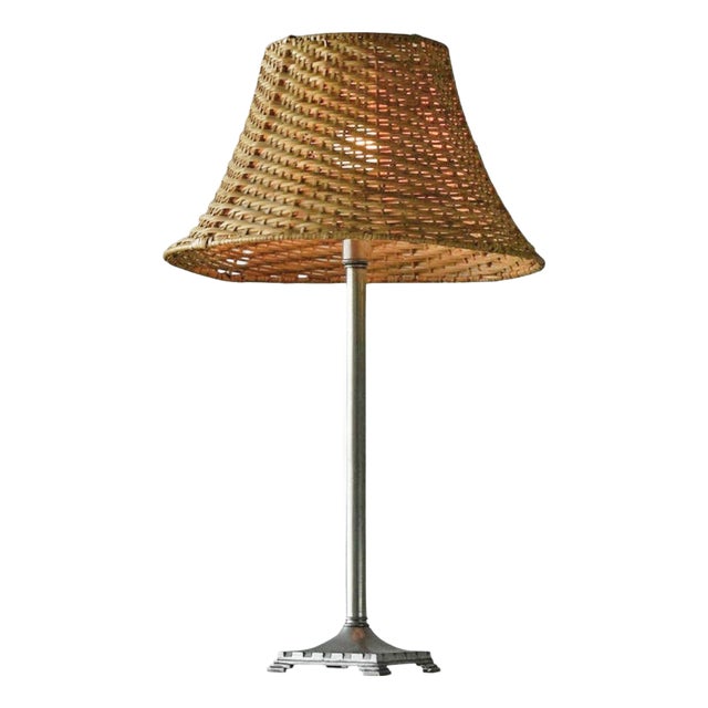 Swedish Grace Table Lamp in Pewter with Rattan Shade, 1930s For Sale