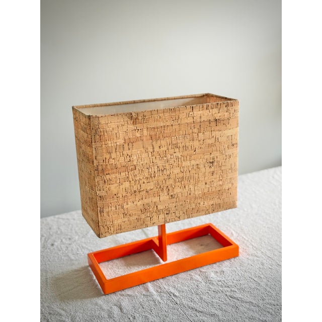 Vintage Italian Postmodern Style Orange Table Lamb With Rectangular Cork Lamp Shade in Style of Memphis Milano Modernist Design For Sale In Los Angeles - Image 6 of 12