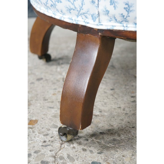 Wood Antique Victorian Carved Walnut Spoon-Back Blue Floral Salon Armchair C. 1880s For Sale - Image 7 of 18