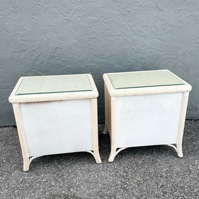Boho Chic Wicker Glass Top Nightstands - A Pair For Sale - Image 4 of 8