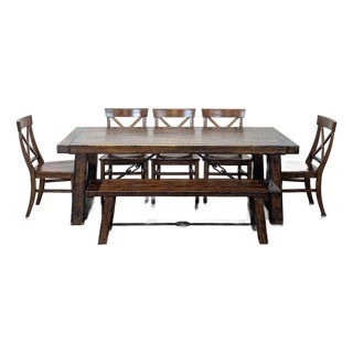 Pottery Barn Benchwright Extendable Rustic Dining Set With Table, 5 Chairs & Bench For Sale