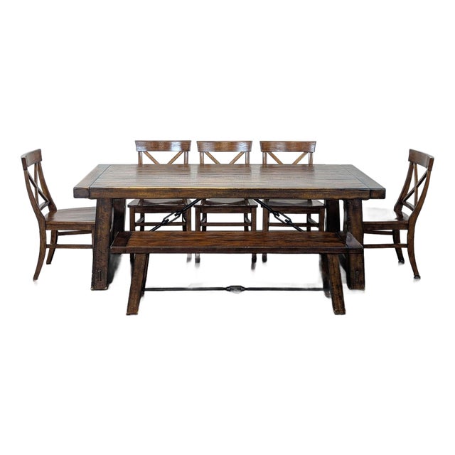 Pottery Barn Benchwright Extendable Rustic Dining Set With Table, 5 Chairs & Bench For Sale