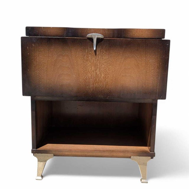 1950s Atomic Walnut Drop-Front Nightstand With Metal Legs, Mid-Century For Sale - Image 15 of 16