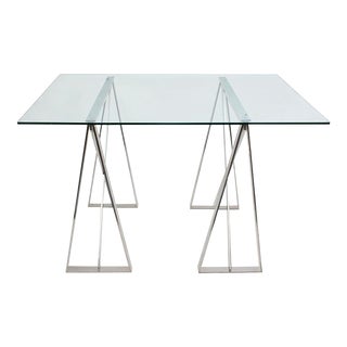1970s Vintage Modern Glass Drafting Table with Adjustable Sawhorse Legs For Sale