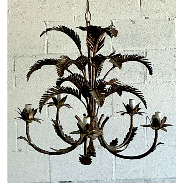 Vintage Regency Tole Punch Cut Palm Chandelier For Sale In West Palm - Image 6 of 10