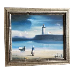 Vintage Surrealist Style Beach Scene Oil Painting, Framed