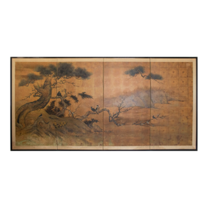 1960s Large Shōwa Era Japanese Painted Byobu Screen "Skylarks and Pine Tree"