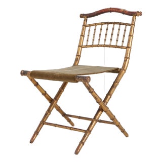 French Faux‑Bamboo Folding Chair in Gilded Wood and Green Fabric, 1850 For Sale