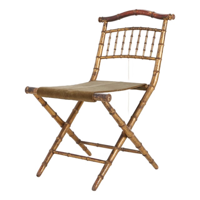 French Faux‑Bamboo Folding Chair in Gilded Wood and Green Fabric, 1850 For Sale