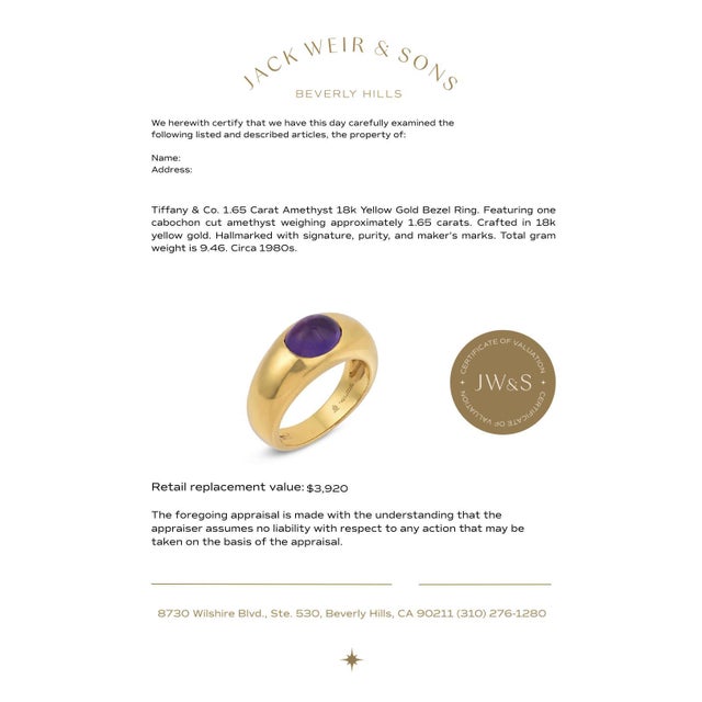 1980s Tiffany & Co. 1.65 Carat Amethyst 18k Yellow Gold Bezel Ring, Size 5.25 For Sale In Los Angeles - Image 6 of 6
