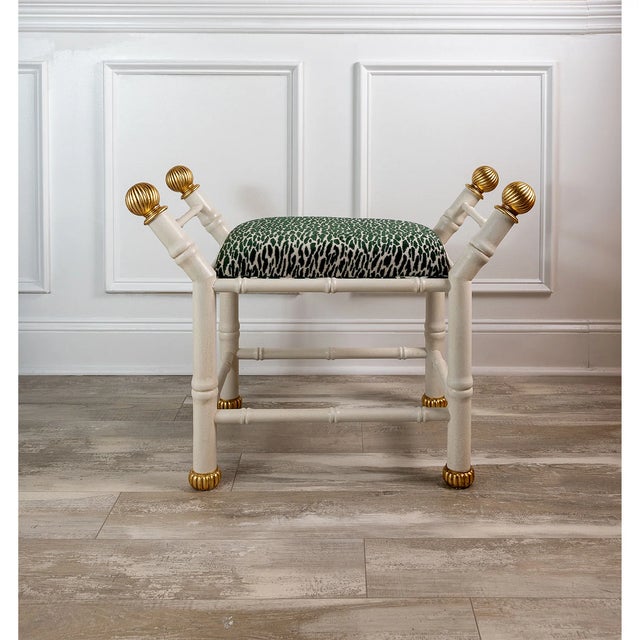 Hollywood Regency Boca White Earl Emerald Animal Print Bamboo Bench For Sale - Image 3 of 9
