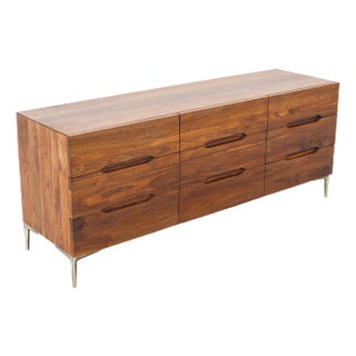1960s Solid Walnut Nine Drawer Lowboy Dresser With Sculpted Pulls For Sale