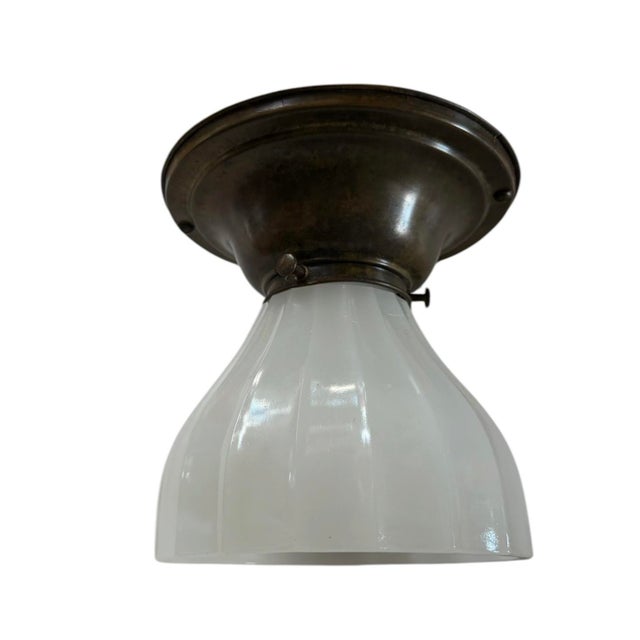 Metal 1920s Ribbed Clam Broth Sheffield Style Flushmount Ceiling Light For Sale - Image 7 of 8