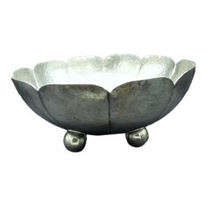 Vintage Asian Silver Lotus Blossom Peened Decorative Centerpiece Serving Bowl