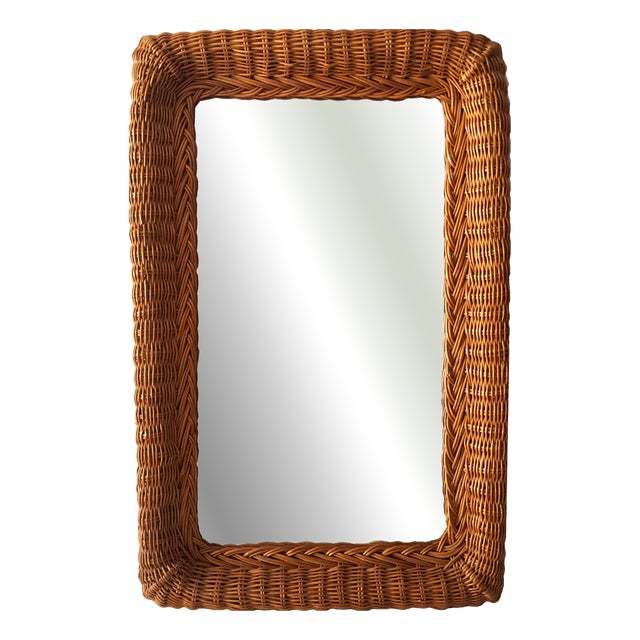 Mid-Century Modern Rectangular Wall Mirror with Rattan Frames, Italy, 1960s For Sale